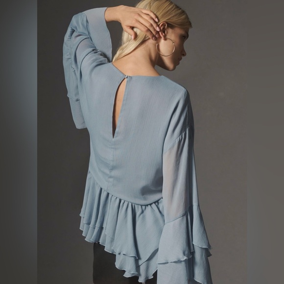 Elegant Blue Ruffle Sleeve Tunic Blouse by anthropologie - Picture 2 of 4